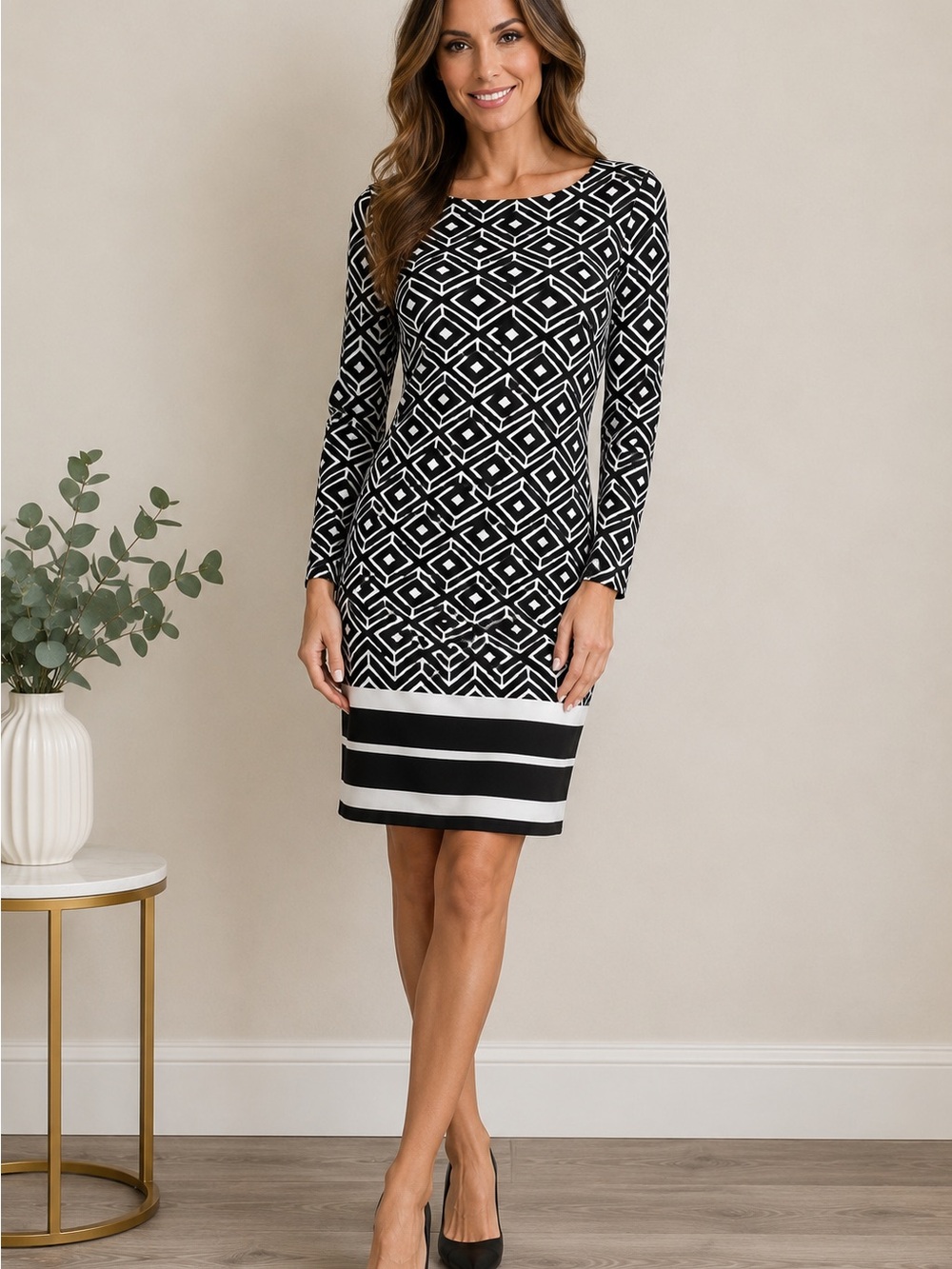 INC Macy’s Black & White Geometric Long-Sleeve Sheath Dress